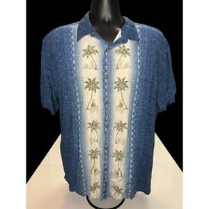 Island Shores Palm Tree Hawaiian Shirt XL Blue Rayon Tropical Aloha Vacation